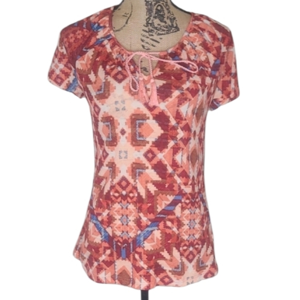 Brina & Em Aztec Geometric Pattern Tie-neck Top